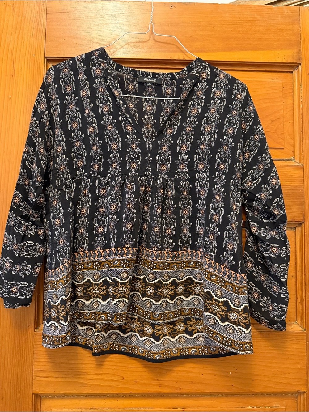 Madewell Navy Peasant Blouse with Gold and Cream Accents